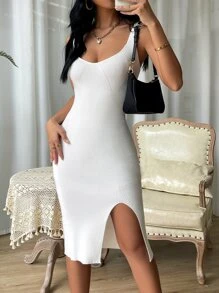 SHEIN Privé Slit Thigh Ribbed Knit Jumper Dress - White - View 4