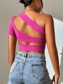 SHEIN Privé لباس علوي قصير موحدة اللون كتف واحد قص مجوف محبوك مضلع