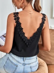 SHEIN Frenchy Guipure Lace Insert Cami Top - Black - View 1