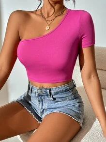 SHEIN Privé لباس علوي قصير موحدة اللون كتف واحد قص مجوف محبوك مضلع