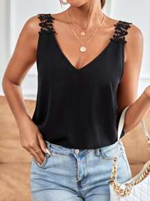 SHEIN Frenchy Guipure Lace Insert Cami Top - Black - View 3