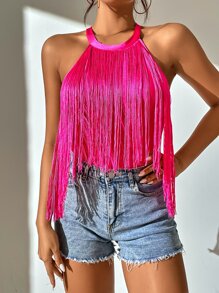 SHEIN Privé Solid Fringe Halter Bodysuit - Hot Pink - View 3