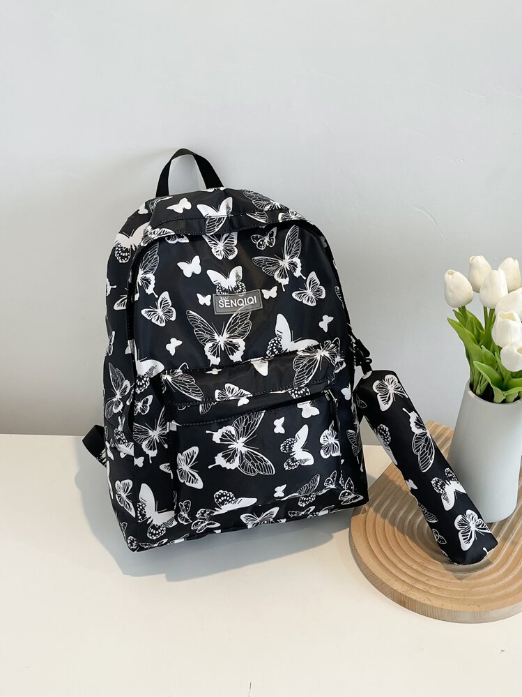 Waterproof,Lightweight Butterfly Print Patch Detail Functional Backpack With Pencil Case School Bag For Graduate, Teen Girls, Freshman, Sophomore, Junior & Senior In College, University & High School, Perfect For Outdoors ,Travel & Back To School - Multicolor - View 1