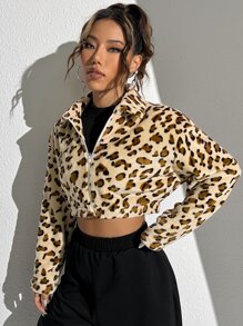 Leopard Pattern Drop Shoulder Zipper Crop Jacket - Multicolor - View 4