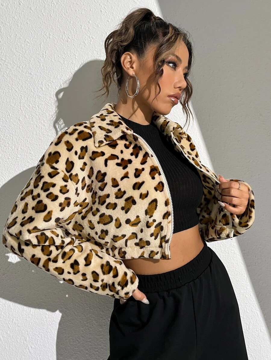 Leopard Pattern Drop Shoulder Zipper Crop Jacket - Multicolor - View 1