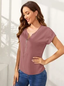 SHEIN LUNE Rolled Cuff Zip Half Placket Top