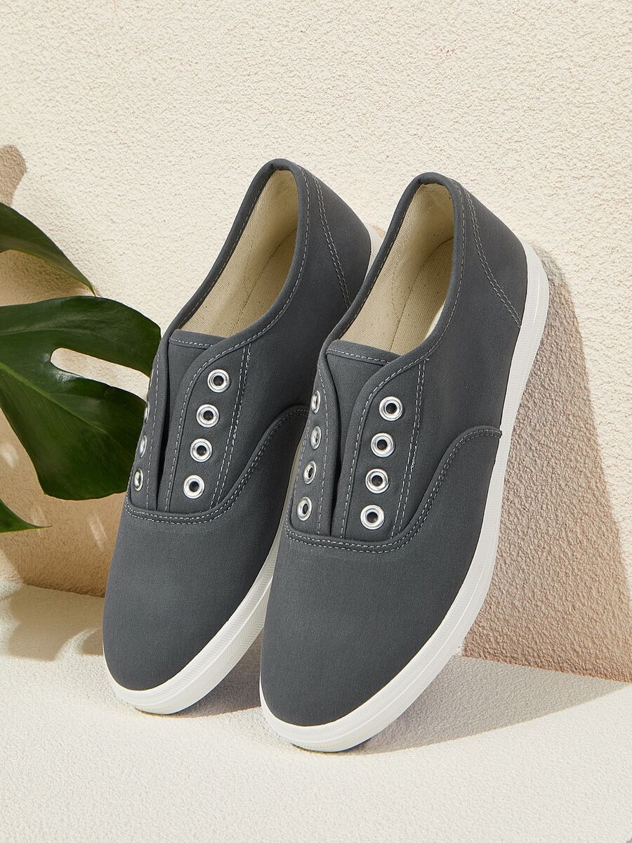 Eyelet Decor Canvas Shoes - Dark Grey - View 1
