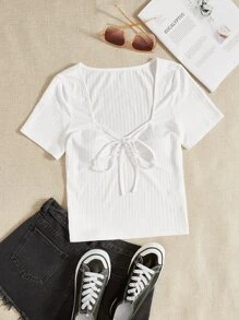 SHEIN Tall Sweetheart Neck Knot Front Tee - White - View 1