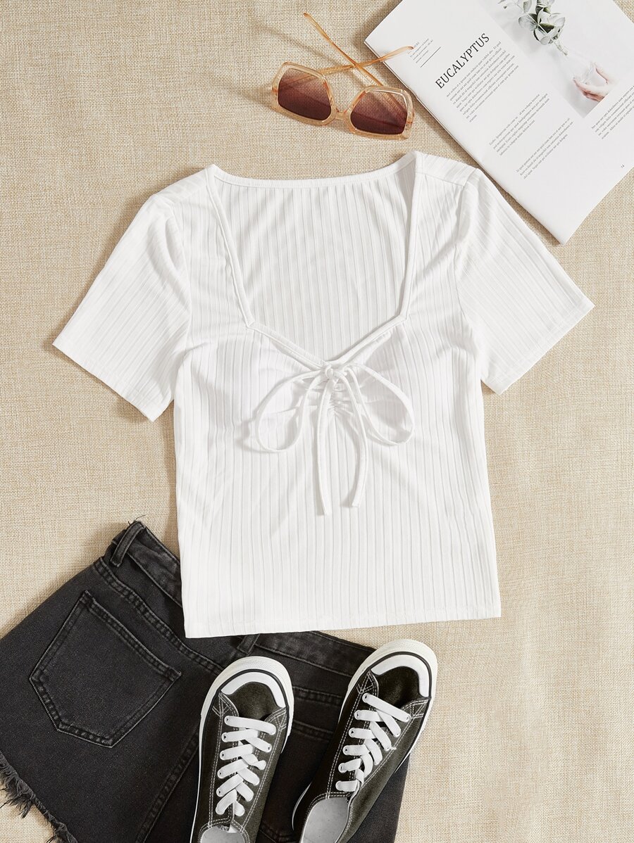 SHEIN Tall Sweetheart Neck Knot Front Tee - White - View 1