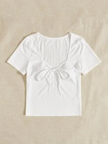 SHEIN Tall Sweetheart Neck Knot Front Tee - White - View 3