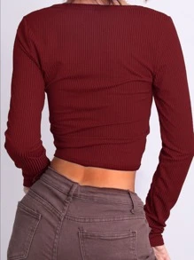 SHEIN Essnce Scoop Neck Rib-knit Crop Tee - Burgundy - View 2