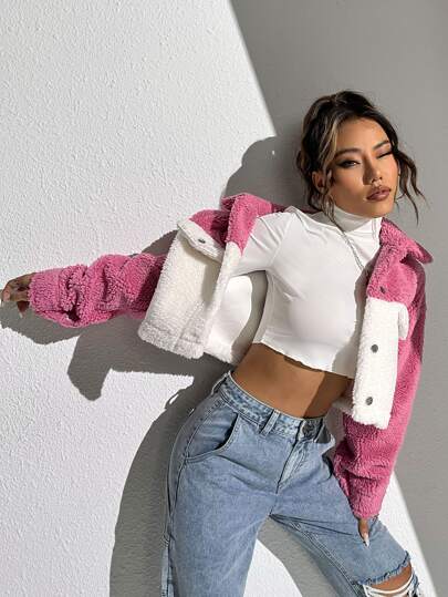 Two Tone Drop Shoulder Crop Teddy Jacket