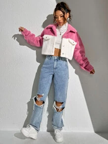 SHEIN Unity Áo khoác nữ Pha lê kim cương Nút phía trước Khối Màu Giải trí - Nhiều màu - Xem 6