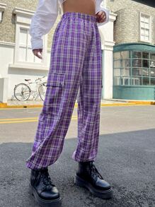 Plaid Print Flap Pockets Cargo Trousers - Multicolor - View 1