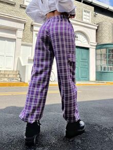 Plaid Print Flap Pockets Cargo Trousers - Multicolor - View 2