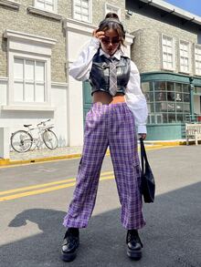 Plaid Print Flap Pockets Cargo Trousers - Multicolor - View 5