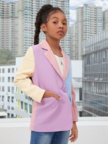 SHEIN Girls Colourblock Lapel Neck Blazer - Multicolor - View 4