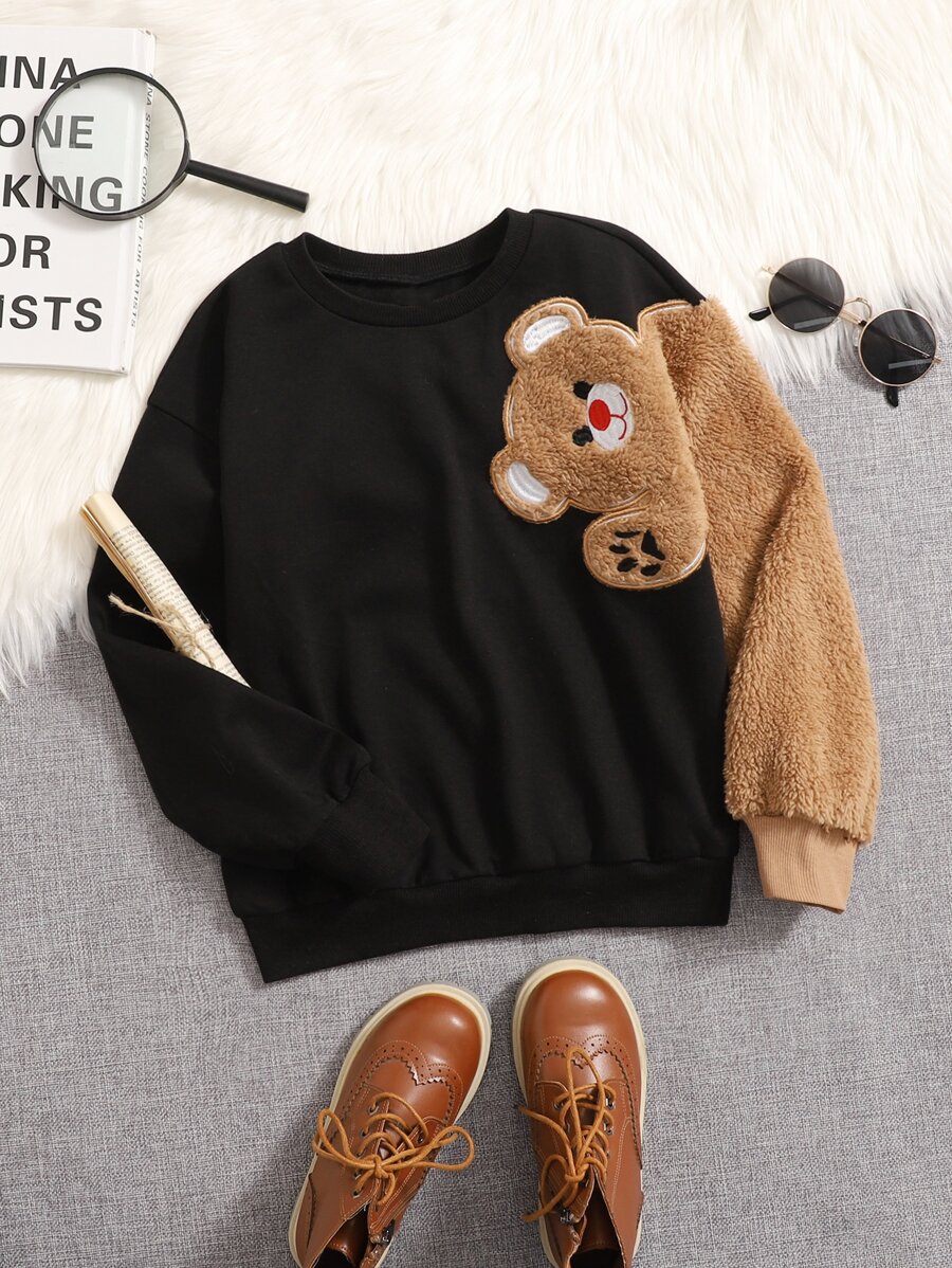 SHEIN Girls Bear Patched Drop Shoulder Sweatshirt - Black - View 1