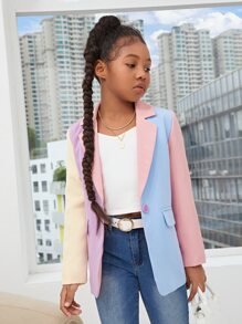 SHEIN Girls Colourblock Lapel Neck Blazer - Multicolor - View 6