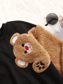 SHEIN Girls Bear Patched Drop Shoulder Sweatshirt - Black - View 3