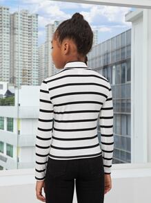 SHEIN Leap Crew Camiseta estampada de rayas de cuello alto de talle regular casual para niñas preadolescentes, otoño - Blanco - Ver 2