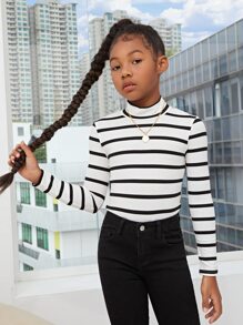 SHEIN Leap Crew Camiseta estampada de rayas de cuello alto de talle regular casual para niñas preadolescentes, otoño - Blanco - Ver 3