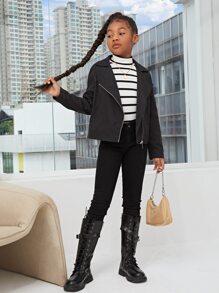 SHEIN Leap Crew Camiseta estampada de rayas de cuello alto de talle regular casual para niñas preadolescentes, otoño - Blanco - Ver 4