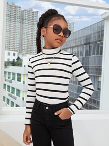 SHEIN Leap Crew Camiseta estampada de rayas de cuello alto de talle regular casual para niñas preadolescentes, otoño - Blanco - Ver 5