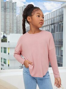 SHEIN Niñas Camiseta de hombros caídos unicolor - Rosa Pálido - Ver 2