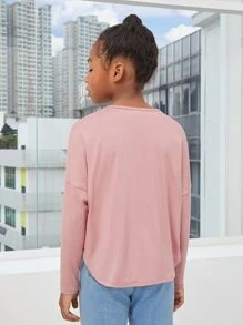 SHEIN Niñas Camiseta de hombros caídos unicolor - Rosa Pálido - Ver 3