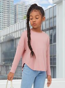 SHEIN Niñas Camiseta de hombros caídos unicolor - Rosa Pálido - Ver 1