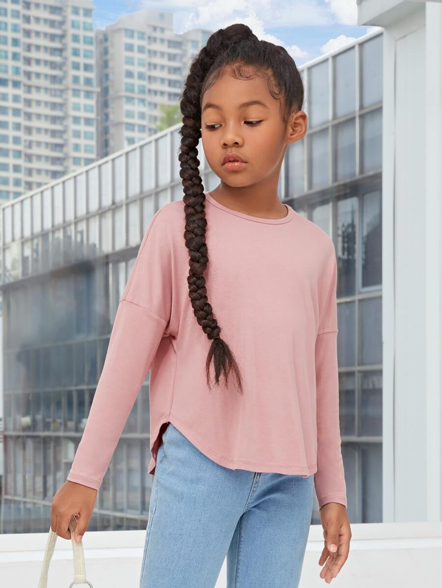 SHEIN Niñas Camiseta de hombros caídos unicolor - Rosa Pálido - Ver 1