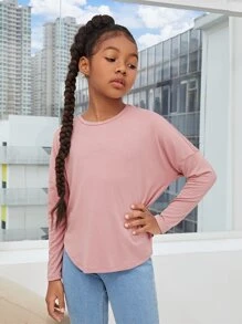 SHEIN Niñas Camiseta de hombros caídos unicolor - Rosa Pálido - Ver 4