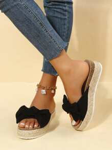 Vacation Black Sandals For Women, Faux Suede Bow Decor Espadrille Slide Sandals - Black - View 1