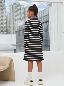SHEIN Girls High Neck Striped Dress - Black - View 2