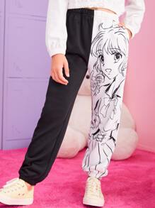 SHEIN Girls Figure Graphic Two Tone Joggers - Black and White - View 1