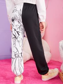 SHEIN Girls Figure Graphic Two Tone Joggers - Black and White - View 2