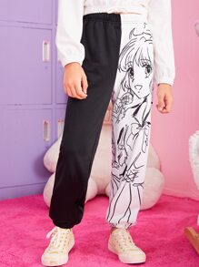 SHEIN Girls Figure Graphic Two Tone Joggers - Black and White - View 3