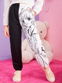 SHEIN Girls Figure Graphic Two Tone Joggers - Black and White - View 5