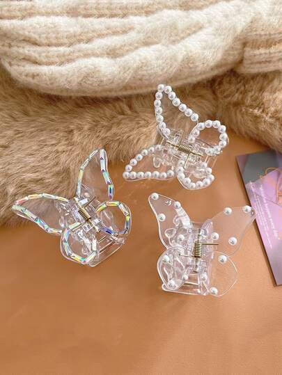 3 件仿珍珠蝴蝶设计发夹，适合浓密头发，白色发夹，适合婚礼防滑下巴夹，发型设计礼物，女士和女孩的发饰，优雅的头饰，学校用品，学院秋冬爪夹，适合度假装扮女士