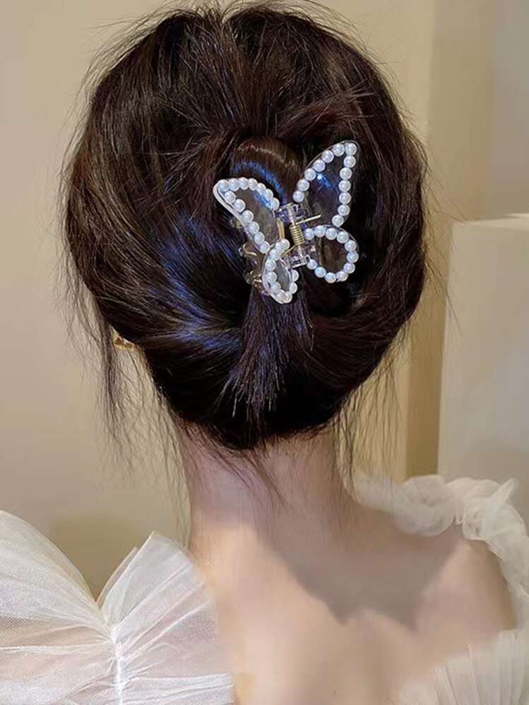 3 件仿珍珠蝴蝶设计发夹，适合浓密头发，白色发夹，适合婚礼防滑下巴夹，发型设计礼物，女士和女孩的发饰，优雅的头饰，学校用品，学院秋冬爪夹，适合度假装扮女士 - 無色 - 查看 5