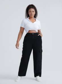 Plus High Waist Letter Embroidered Flap Pocket Cargo Jeans - Black - View 2