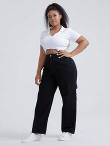 Plus High Waist Letter Embroidered Flap Pocket Cargo Jeans - Black - View 5