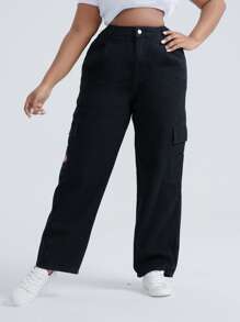 Plus High Waist Letter Embroidered Flap Pocket Cargo Jeans - Black - View 6