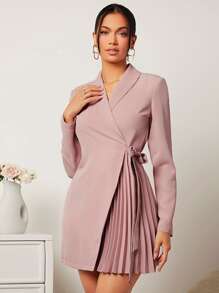 SHEIN Privé 青果領褶皺側打結西裝洋裝 - 藕粉色 - 查看 1