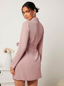 SHEIN Privé 青果領褶皺側打結西裝洋裝 - 藕粉色 - 查看 2