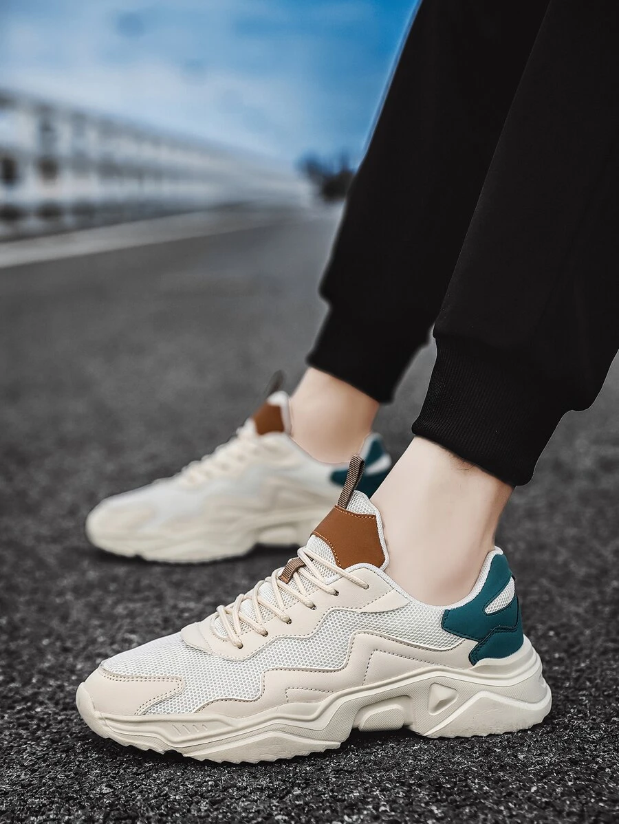 Men Color Block Lace-up Front Chunky Sneakers, Round Toe Sneakers For Daily - Beige - View 1