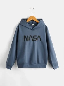 SHEIN Áo nỉ có mũ in chữ Tween Boy, thích hợp mặc hàng ngày vào mùa xuân và mùa thu - Màu xanh bụi bặm - Xem 1