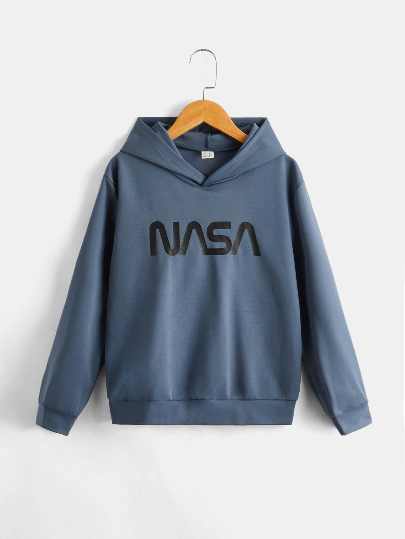 SHEIN Áo nỉ có mũ in chữ Tween Boy, thích hợp mặc hàng ngày vào mùa xuân và mùa thu - Màu xanh bụi bặm - Xem 1