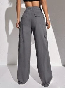 SHEIN EZwear Summer Outfits Grey Flap Pocket Cargo Jeans - Grey - View 2